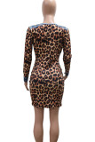 Pink Casual Leopard Print Patchwork Deep V Neck Wrapped Skirt Dresses