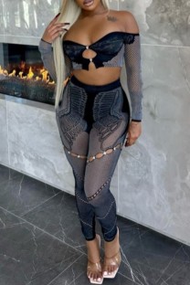 Black Sexy Hot Solid Color Hollow Out See-Through Backless Off Shoulder Long Sleeve Two Pieces