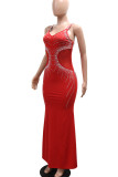 Black Sexy Solid Color Patchwork Backless Hot Drill Spaghetti Strap Sling Dresses