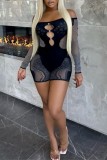 Coffee Sexy Hot Solid Color Hollow Out See-Through Off Shoulder Skinny Rompers