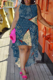 Blue Casual Street Floral Print Irregular Contrast O Neck Irregular Plus Size Dresses