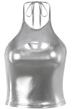 Silver Sexy Solid Bandage Hollowed Out Backless Halter Tops