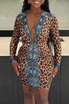 Leopard Print Casual Leopard Print Patchwork Deep V Neck Wrapped Skirt Dresses