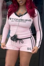 Pink Casual Letter Print V Neck Long Sleeve Two Pieces