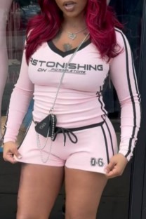 Pink Casual Letter Print V Neck Long Sleeve Two Pieces