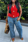 Red Casual Solid Color Buttons O Neck Tops