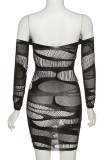 Black Sexy Solid Hollowed Out See-through Off the Shoulder Long Sleeve Dresses