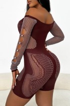 Coffee Sexy Hot Solid Color Hollow Out See-Through Off Shoulder Skinny Rompers