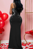 Black Sexy Solid Color Patchwork Backless Hot Drill Spaghetti Strap Sling Dresses
