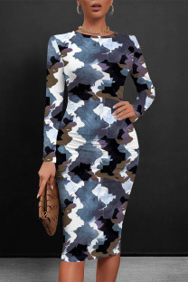 Dark Blue Casual Striped Print Tie Dye Contrast O Neck Printed Dresses