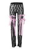 Black Sexy Casual Patchwork Bow See-Through Regular High Waist Pencil Patchwork Trousers
