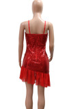 Champagne Sexy Solid Color Sequins Patchwork Backless Spaghetti Strap Sling Dresses