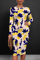 Blue Pink Casual Striped Print Tie Dye Contrast O Neck Printed Dresses