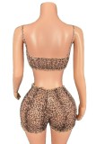 Dark Brown Sexy Leopard Print Backless Spaghetti Strap Sleeveless Two Pieces