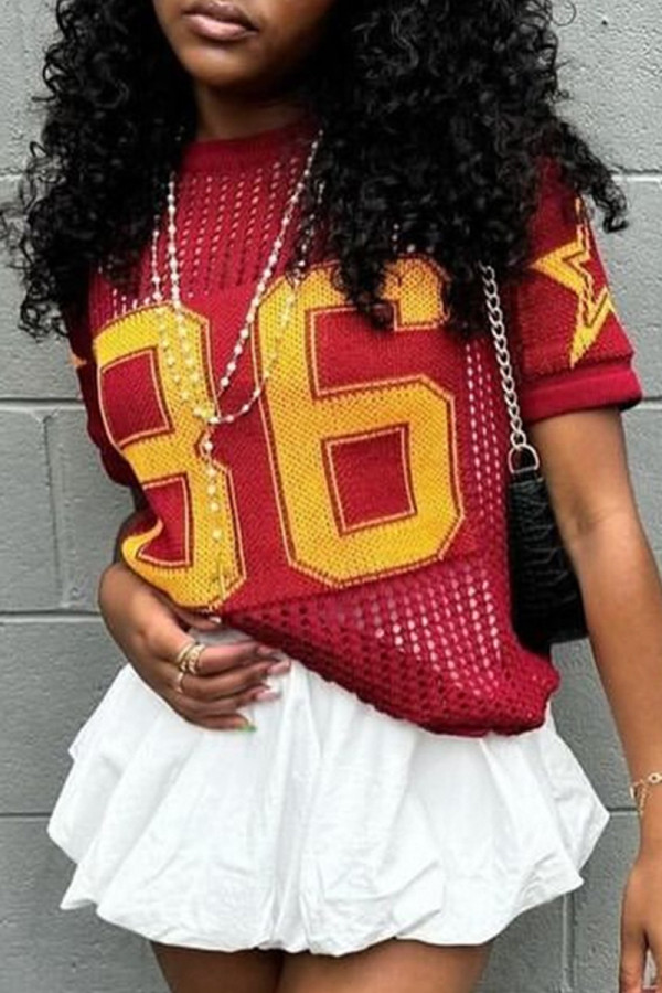Red Casual Letters Hollow Out Patchwork O Neck T-Shirts