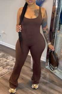 Dark Brown Casual Solid Basic U Neck Skinny Jumpsuits