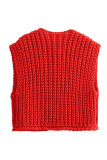 Red Casual Solid Color Buttons O Neck Tops