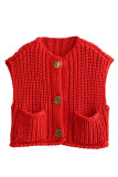 Red Casual Solid Color Buttons O Neck Tops
