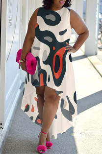 Beige Casual Street Floral Print Irregular Contrast O Neck Irregular Plus Size Dresses
