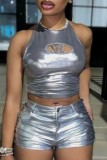 Silver Sexy Solid Bandage Hollowed Out Backless Halter Tops