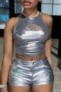 Silver Sexy Solid Bandage Hollowed Out Backless Halter Tops