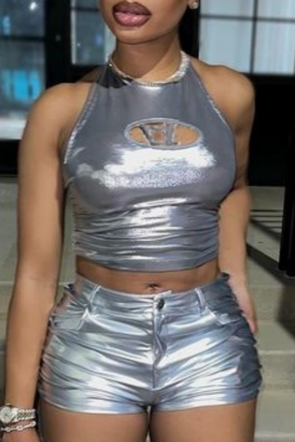 Silver Sexy Solid Bandage Hollowed Out Backless Halter Tops