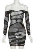 Black Sexy Solid Hollowed Out See-through Off the Shoulder Long Sleeve Dresses
