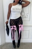 Black Sexy Casual Patchwork Bow See-Through Regular High Waist Pencil Patchwork Trousers
