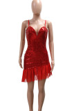 Champagne Sexy Solid Color Sequins Patchwork Backless Spaghetti Strap Sling Dresses
