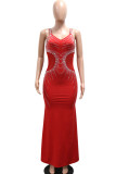 Black Sexy Solid Color Patchwork Backless Hot Drill Spaghetti Strap Sling Dresses