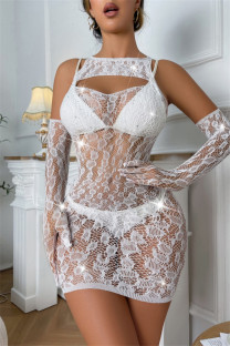 White Sexy Living Patchwork Hot Drilling Hollowed Out See-through Lingerie