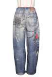 Blue Casual Print Buckle Patchwork Loose Mid Waist Conventional Full Print Bottoms