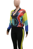 Multi-color Casual Sequins Patchwork Zipper Zipper Collar Tops