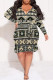 Grey Casual National Totem Lace Up Ruffle Contrast V Neck Printed Plus Size Dresses