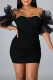 Black Sexy Solid Color Patchwork Backless Zipper Asymmetrical Collar Wrapped Skirt Dresses