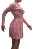 Pink Sexy Solid Color Draw String Patchwork Zipper Zipper Collar Long Sleeve Two Pieces