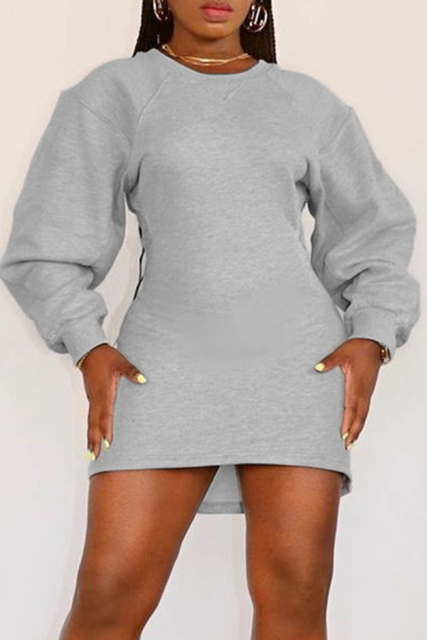 Light Gray Casual Solid Color Hollow Out Patchwork O Neck Wrapped Skirt Dresses