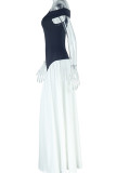 Black White Elegant Patchwork Contrast Oblique Collar Long Dresses