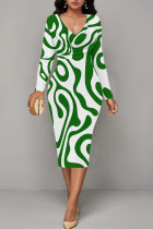 Green Casual Stripe Patchwork V Neck Wrapped Skirt Dresses