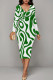 Green Casual Stripe Patchwork V Neck Wrapped Skirt Dresses