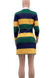 Green Casual Colorblock Patchwork Turndown Collar Straight Dresses