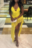 Yellow Sexy Solid Color Patchwork See-Through Spaghetti Strap Irregular Dresses