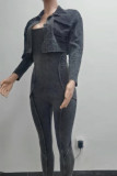 Coffee Casual Solid Color Pocket Patchwork Turndown Collar Long Sleeve Two Pieces