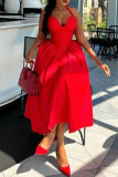 Red Elegant Solid Color Patchwork Backless Strap Design Halter Evening Dresses