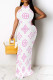 White Sexy Letter Print Gradient Contrast O Neck Printed Dresses
