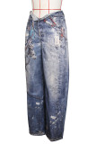Blue Casual Print Buckle Patchwork Loose Mid Waist Conventional Full Print Bottoms