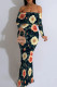 Dark Green Elegant Print Patchwork Backless Off Shoulder Long Dresses