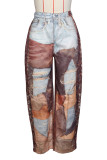 Blue Casual Print Buckle Patchwork Loose Mid Waist Conventional Full Print Bottoms