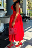 Red Elegant Solid Color Patchwork Backless Strap Design Halter Evening Dresses