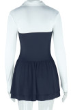 Black Casual Patchwork Contrast V Neck Wrapped Skirt Dresses